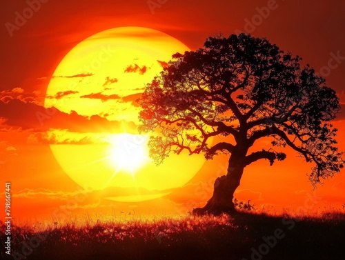 Sun Setting Behind Tree in Field