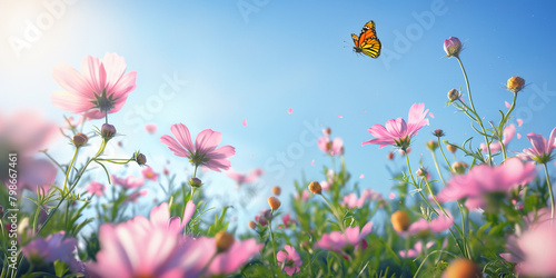 Meadow field with blossom pink Cosmos flowers and yellow butterflies against at sunny day with blue sky in summer  summer flower theme.