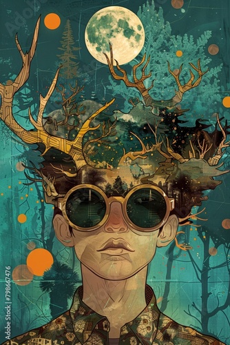 Surreal depiction of a nocturnal forest scene reflected in a young man's sunglasses.
