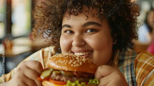 Joyful young adult enjoying a delicious burger at an eatery