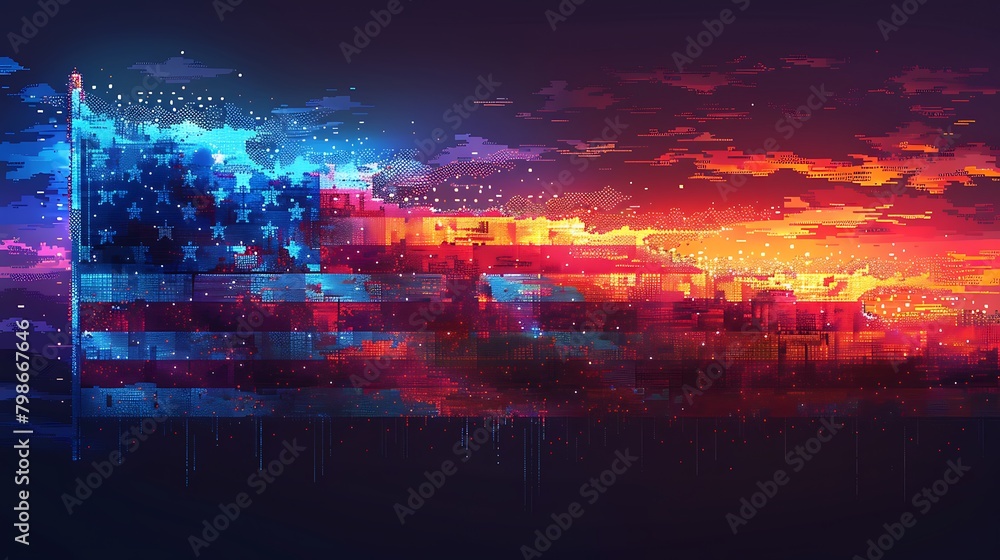 A pixelated visual of the USA flag tailored for tech-related themes, crafted in digital pixel art, offering a modern twist on the classic flag.
