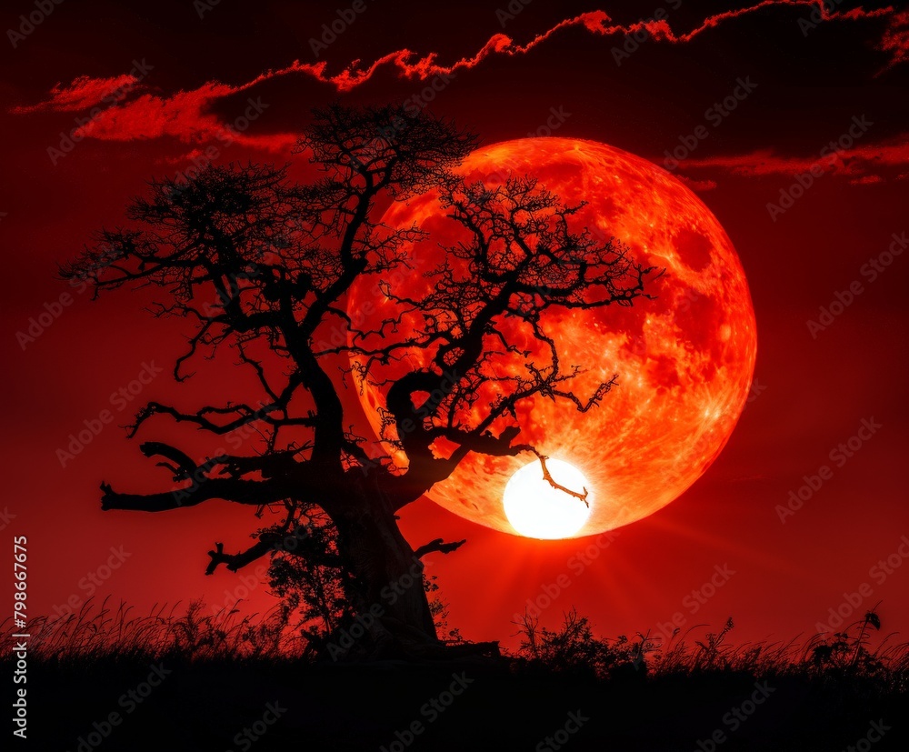 Red Full Moon and Tree in Foreground