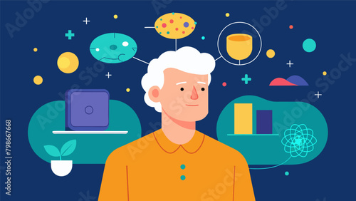 A retiree enjoys their golden years with the help of neural tech enhancing their memory and cognitive abilities to stay sharp and independent in their.