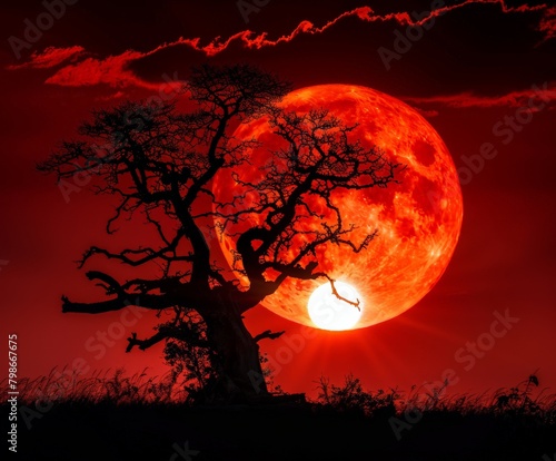 Red Full Moon and Tree in Foreground