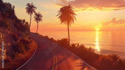 A beautiful road at sunset stretching into the distance  against the backdrop of the ocean  palm trees