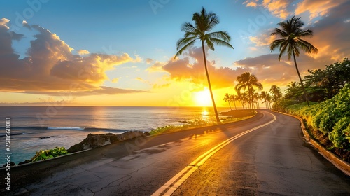 A beautiful road at sunset stretching into the distance, against the backdrop of the ocean, palm trees