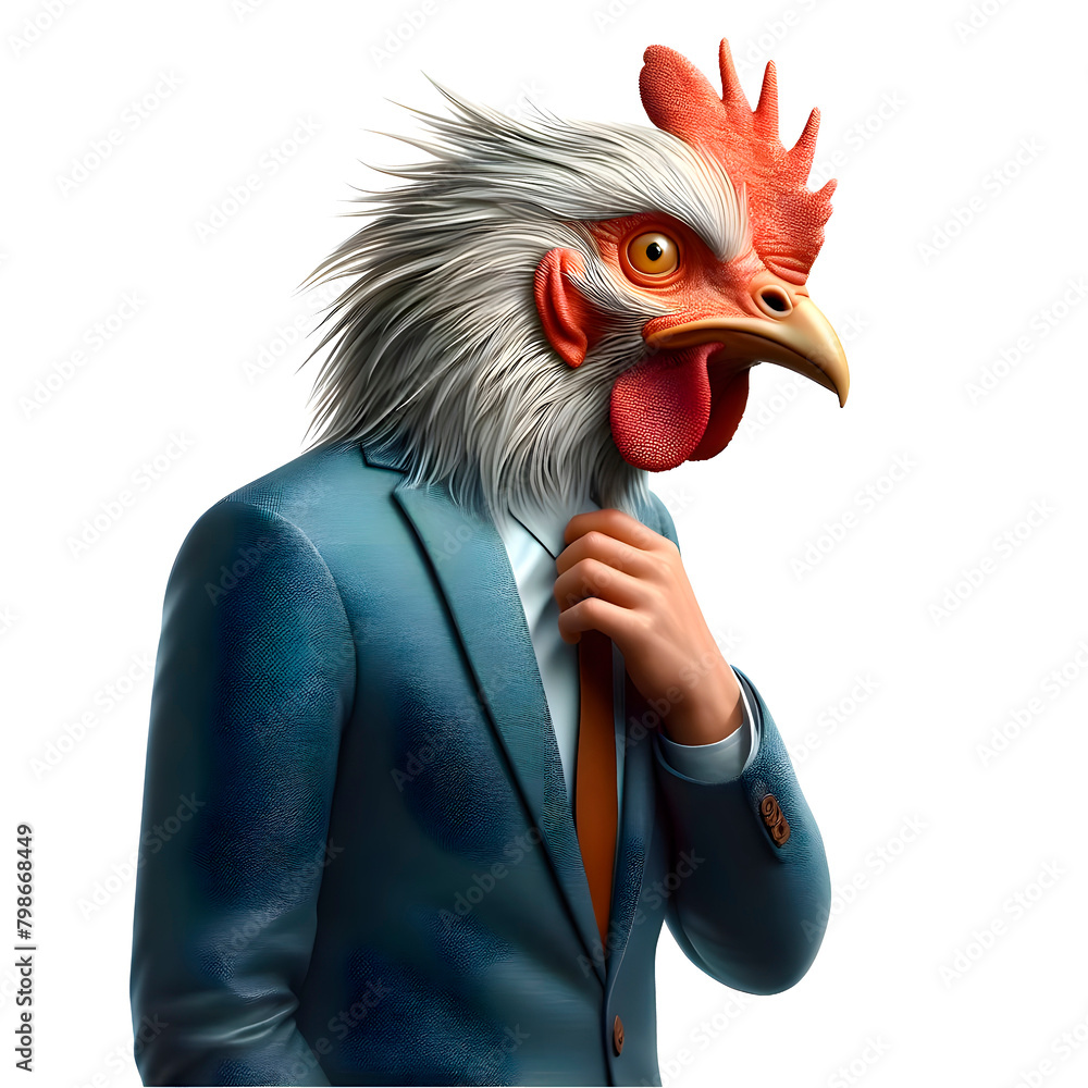Creative animal concept. chicken character with wide eyes and scared look in a suit adjusting his tie on white background