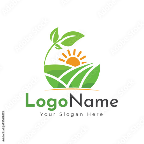 Green agro logo with fields and leaves. Logo design, farm logo design