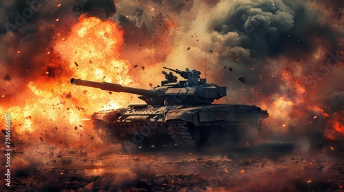 Dramatic war scene with a battle tank in action amidst fiery explosions and debris on a desolate battlefield, invoking the chaos and intensity of warfare, fighter tank on war with explos. Generated AI photo