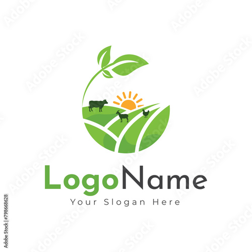 Green agro logo with fields and leaves. Logo design, farm logo design
