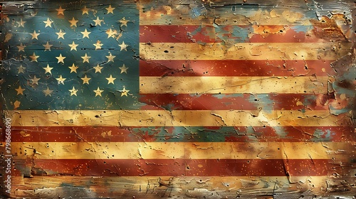 A rustic, vintage-style USA flag with a grunge texture, embodying the enduring American spirit in a weathered and distressed design. photo