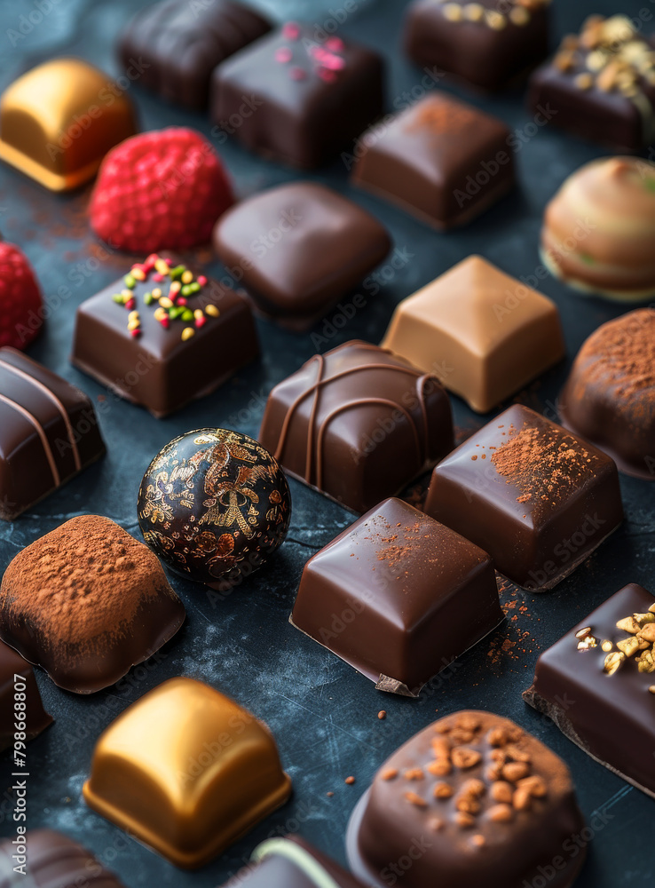 Assorted chocolate pralines and fruits on dark background Assorted chocolate pralines and fruits on dark background