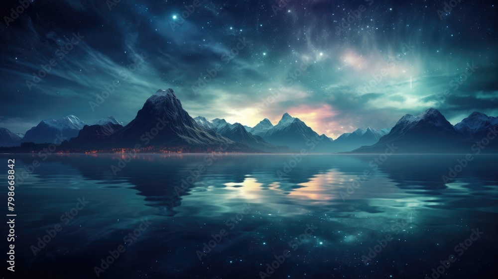 majestic mountain peaks under a starlit sky, reflected in the tranquil waters below