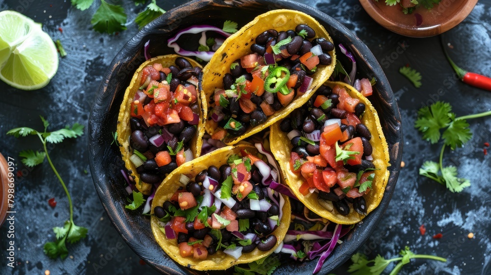 An aerial shot captures a bowl filled with black beans mini taco boats cabbage and salsa all the fixings needed to create a delicious taco loaded with black beans and veggies An aerial shot captures a bowl filled with black beans mini taco boats cabbage and salsa all the fixings needed to create a delicious taco loaded with black beans and veggies