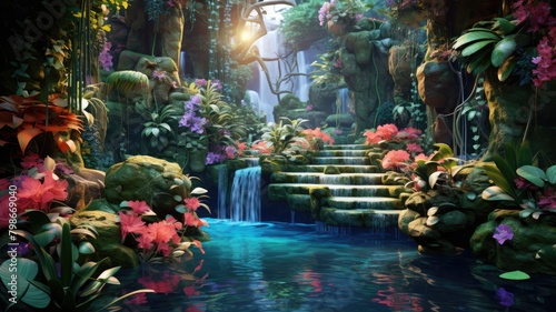 cascading waterfall amidst vibrant tropical flora, illuminating the serene oasis with magical allure