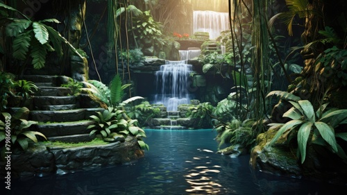 cascading waterfall amidst vibrant tropical flora, illuminating the serene oasis with magical allure