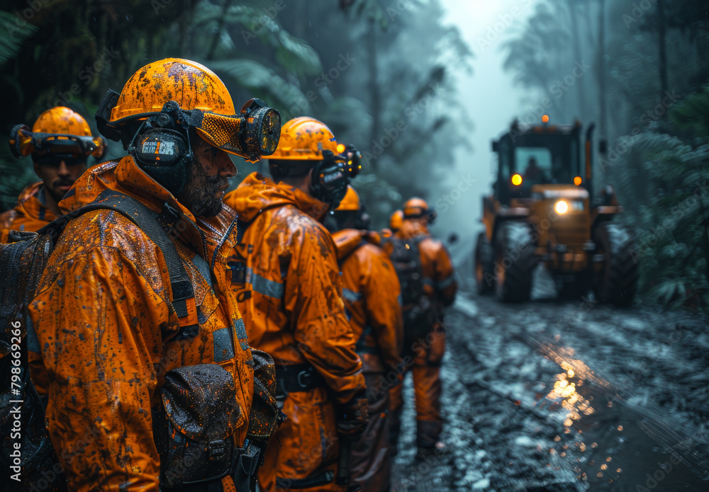 A group of workers in orange and yellow work , wearing hard hats, stand next to heavy machinery for tree felling on a forest road after rain, with a forest background. A group of workers in orange and yellow work , wearing hard hats, stand next to heavy machinery for tree felling on a forest road after rain, with a forest background.