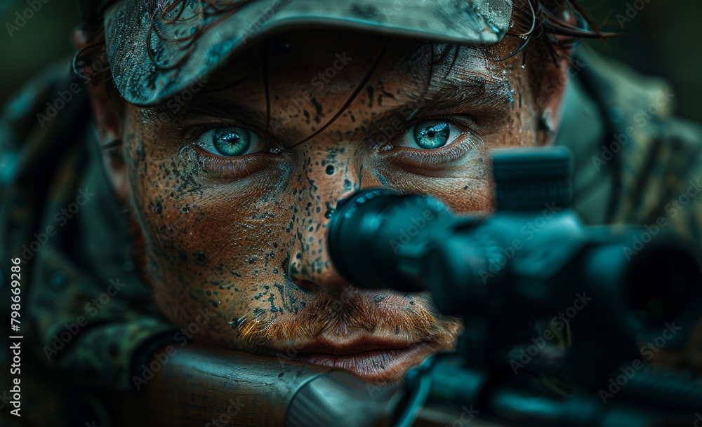 Close-up portrait of man in camouflage and hat with sniper rifle