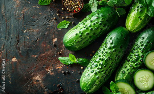 Fresh cucumbers and herbs on dark background top view