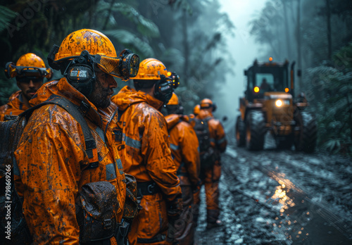 A group of workers in orange and yellow work , wearing hard hats, stand next to heavy machinery for tree felling on a forest road after rain, with a forest background. photo
