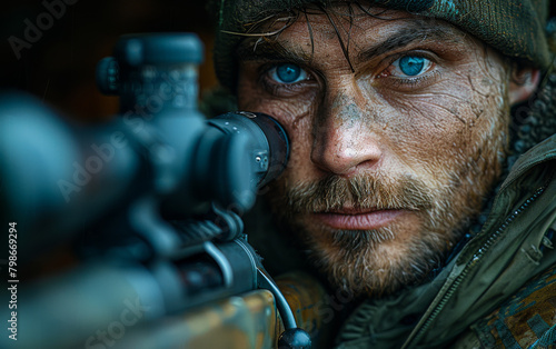 Close up of male sniper aiming with sniper rifle.