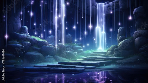 Mystical scene of a bioluminescent waterfall cascading in the moonlight within an enchanted forest photo