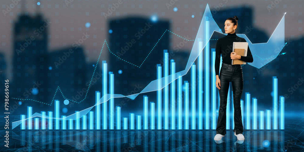 Obraz premium Attractive young woman with paperwork and creative growing forex chart on blurry city background. Trade, finance and stock concept. Double exposure.