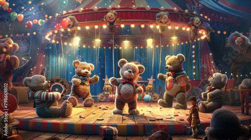A lively circus performance starring cartoon teddy bears showcasing their acrobatic skills juggling talents and daring feats under the big top eliciting cheers photo