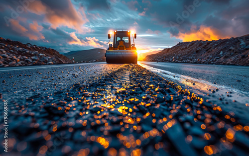 Road roller working on the new road construction site at sunset photo