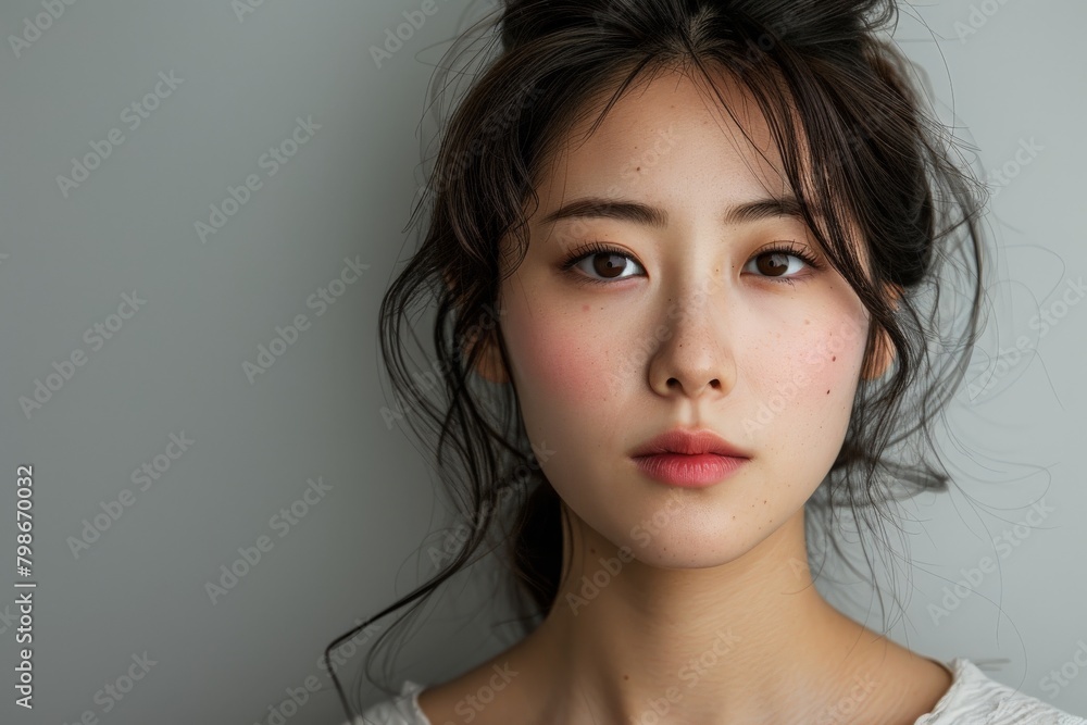 Naklejka premium Young Woman With Messy Topknot Looking at Camera