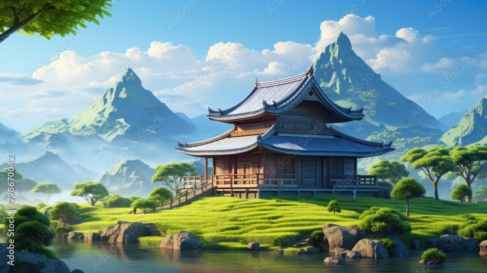 Traditional Asian house near serene rice fields with a mountain backdrop, illuminated by sunlight