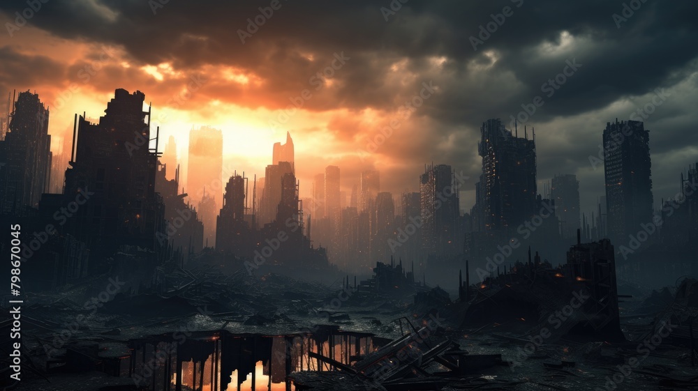 Apocalyptic skyline featuring crumbling buildings under an ominous sky, with fires raging amidst the wreckage