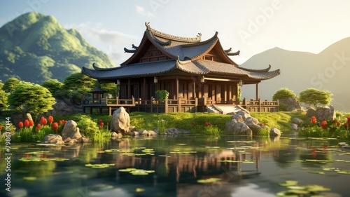 Traditional Asian house near serene rice fields with a mountain backdrop, illuminated by sunlight