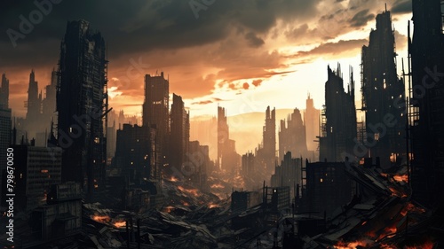 Apocalyptic skyline featuring crumbling buildings under an ominous sky, with fires raging amidst the wreckage