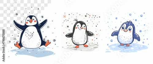 Adorable cartoon penguins having fun in the snow, illustrated in a cheerful and wintry scene