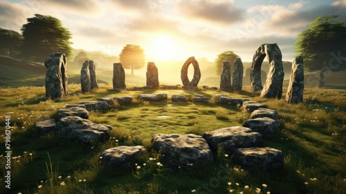 Mystical ancient stones in sunlit meadow evoke serene magic