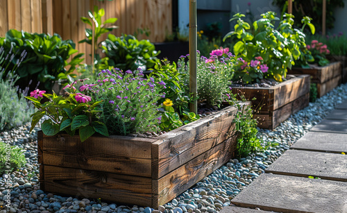Wooden flower boxes with flowers in the garden