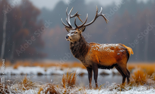 Noble deer with big horns standing on meadow with forest in the background and water on the foreground
