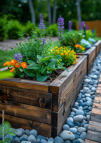 Beautiful wooden raised beds in the garden with various herbs, vegetables and flowers growing around them on pebbles