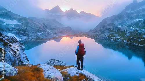 A lone hiker stands contemplatively by an alpine lake, witnessing the beauty of sunrise amidst the mountain peaks.  © Karen