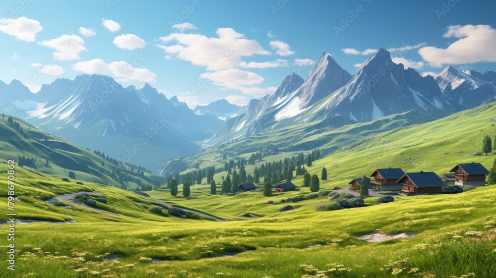 Breathtaking Alpine meadow with lush green hills and cozy cabins, backed by majestic mountains
