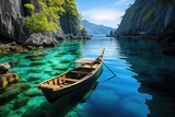 Boat sails along beautiful blue lagoon. Philippine landscape. Generative AI. Beautiful rocks and trees with green crowns growing on them.