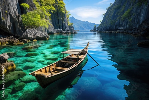 Boat sails along beautiful blue lagoon. Philippine landscape. Generative AI. Beautiful rocks and trees with green crowns growing on them. © Sci-Fi Agent