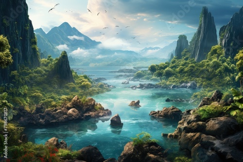Beautiful landscape with sea bay and mountains in background. Generative AI. Flying birds against background of clouds.