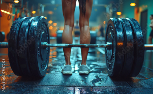Closeup of weightlifter preparing to lift heavy barbell in gym.