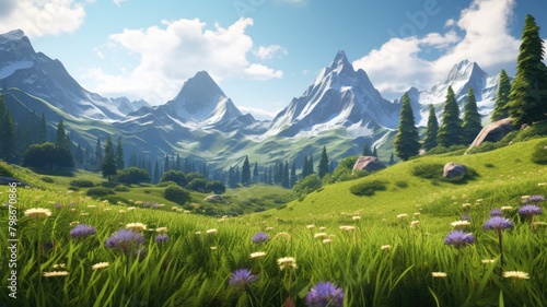 Breathtaking Alpine meadow with lush green hills and cozy cabins, backed by majestic mountains