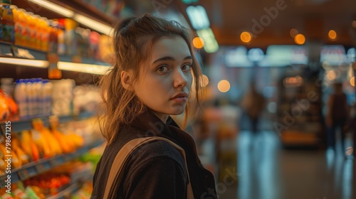 Contemplative young woman poses in a well-stocked supermarket aisle, bathed in warm glowing lights