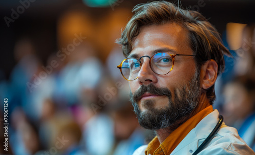 Portrait of young male doctor attending conference photo
