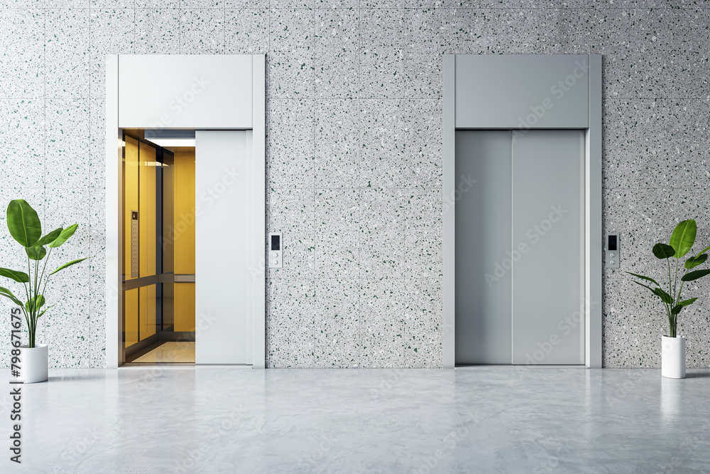 Open elevator doors in a polished office lobby, modern architectural elements. 3D Rendering Open elevator doors in a polished office lobby, modern architectural elements. 3D Rendering