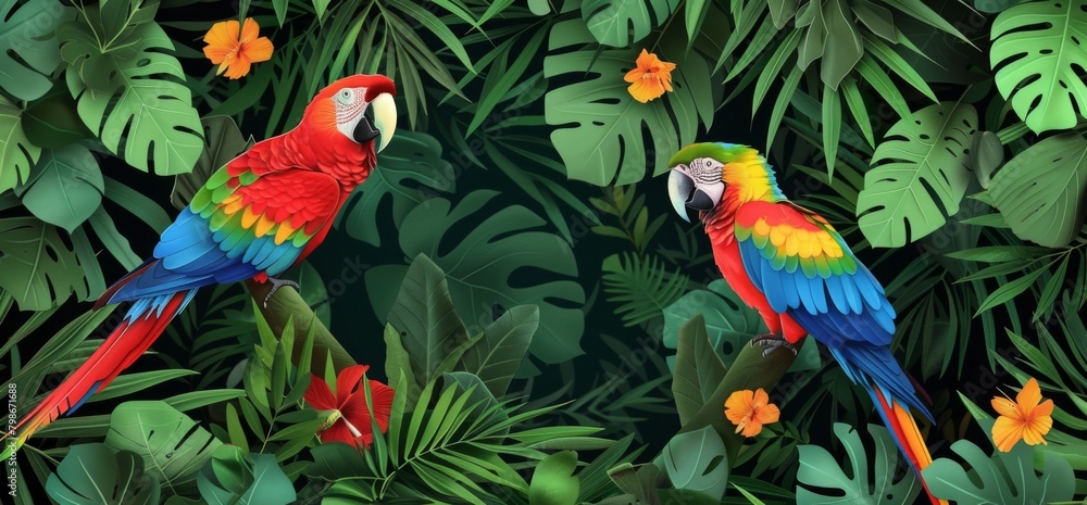 Tropical rainforest with red parrots